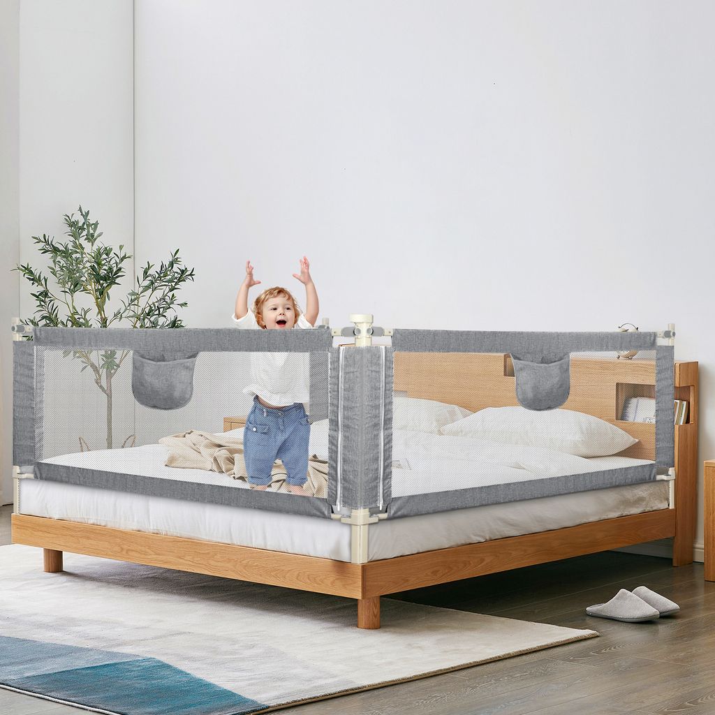 2 Seiten Baby Bettgitter Kinder Bettgitter Bettschutzgitter Höhenverstellbar Rausfallschutz für Bett grau(200cm*1 Seiten+180cm*1 Seiten)
