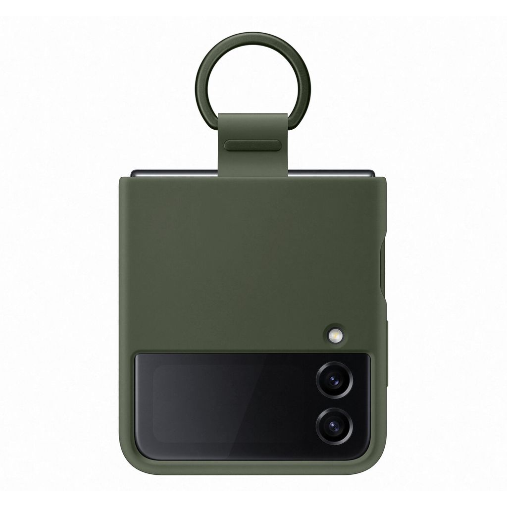 A close-up studio shot of a green phone case with a ring attached.