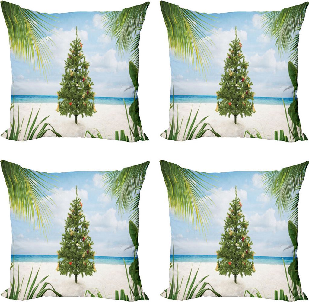 ABAKUHAUS Weihnachten Kissenbezug Set (4 Stück), Feiertags-Party-Baum, Moderner Doppelseitiger Digitaldruck, 40 cm x 40 cm, Grün-Blau-Creme