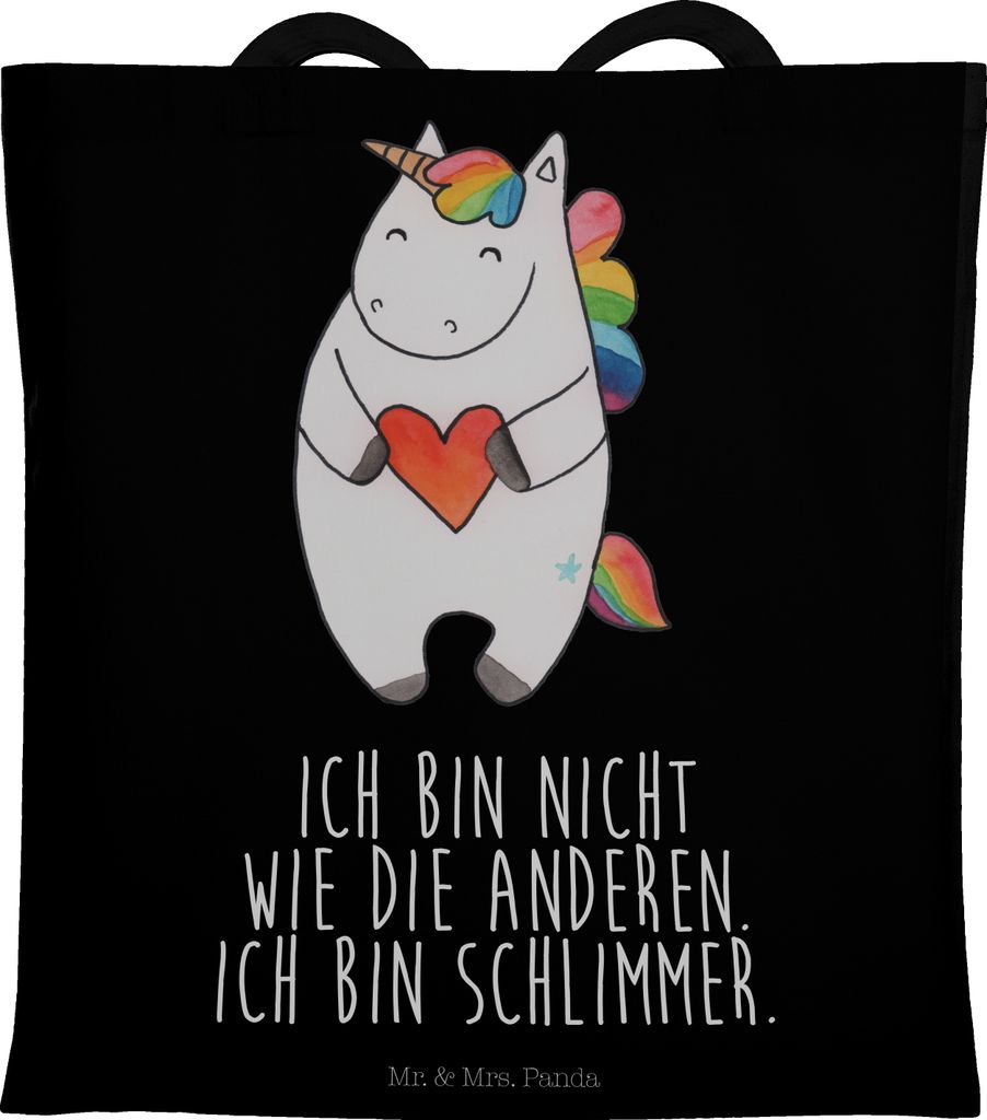 Mr. & Mrs. Panda Tote Bag Einhorn Herz - Schwarz - Geschenk, Tragetasche, Laptoptasche, Einhörner, böse, Shopping Tasche, Freundin, Lustig, Stoff...