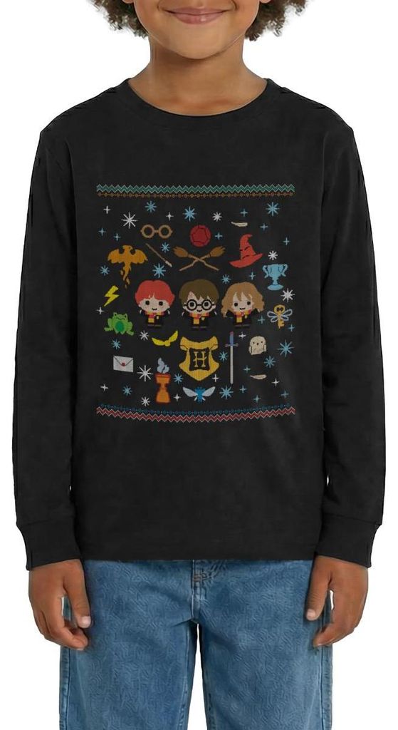 Spreadshirt Harry Potter Ugly Christmas Chibi Design Teenager Premium Langarmshirt, 158/164 (12 Jahre), Schwarz