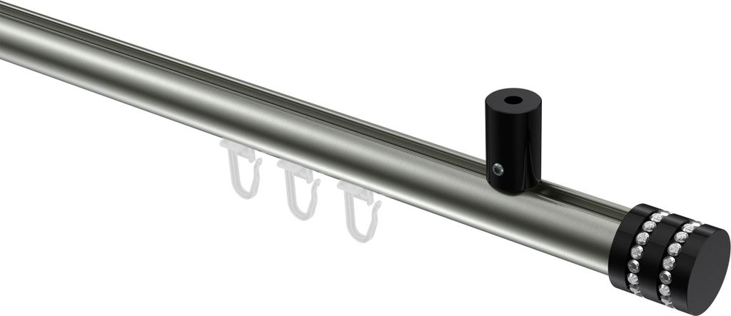 Interdeco Innenlaufstange / Gardinenstange mit Innenlauf Edelstahl-Optik / Schwarz, Typ Sonius Estana (Glitzerkappe) Deckenmontage, 20 mm Ø 1-läu...