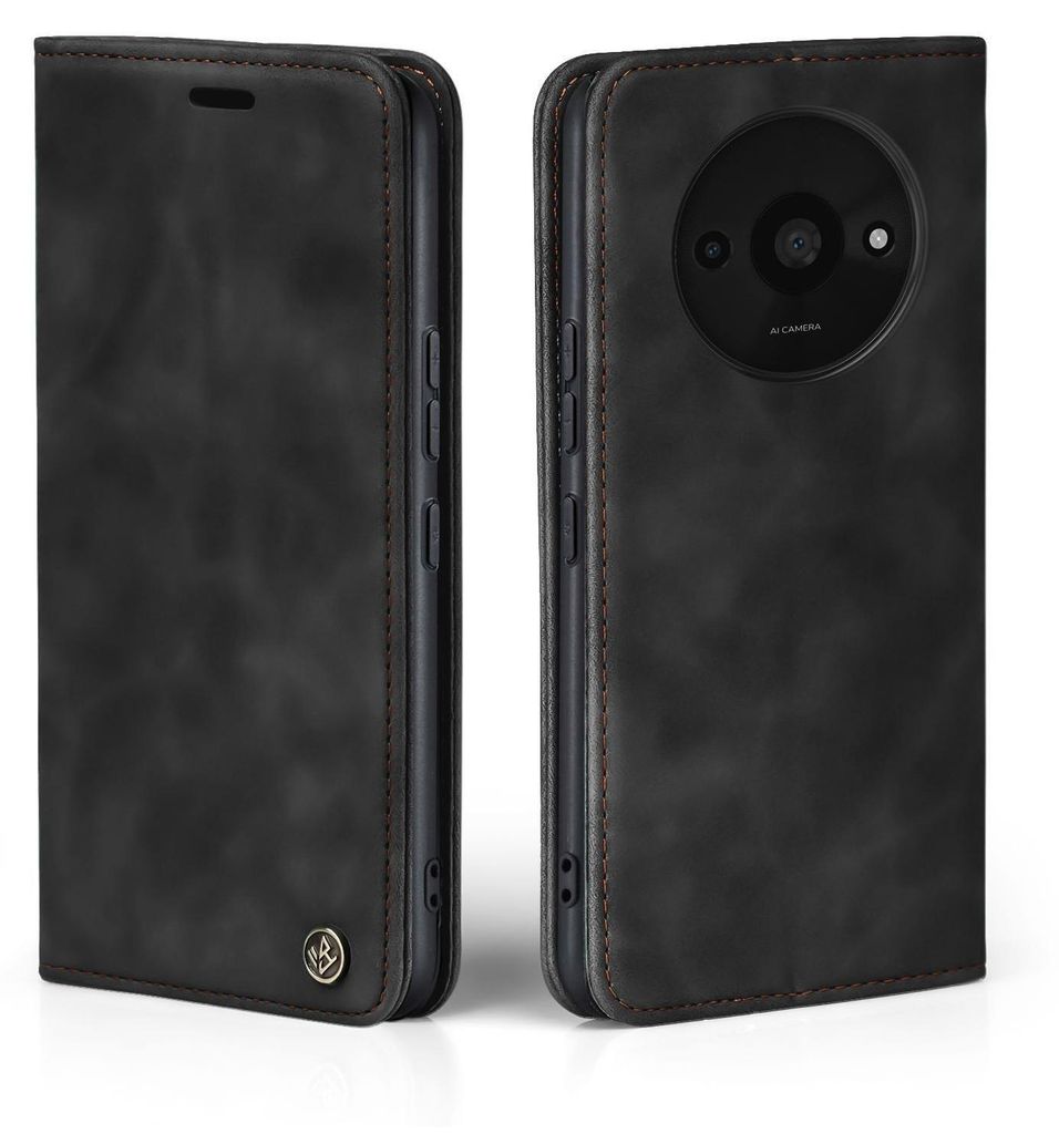 A black flip case for a smartphone is shown from two angles.