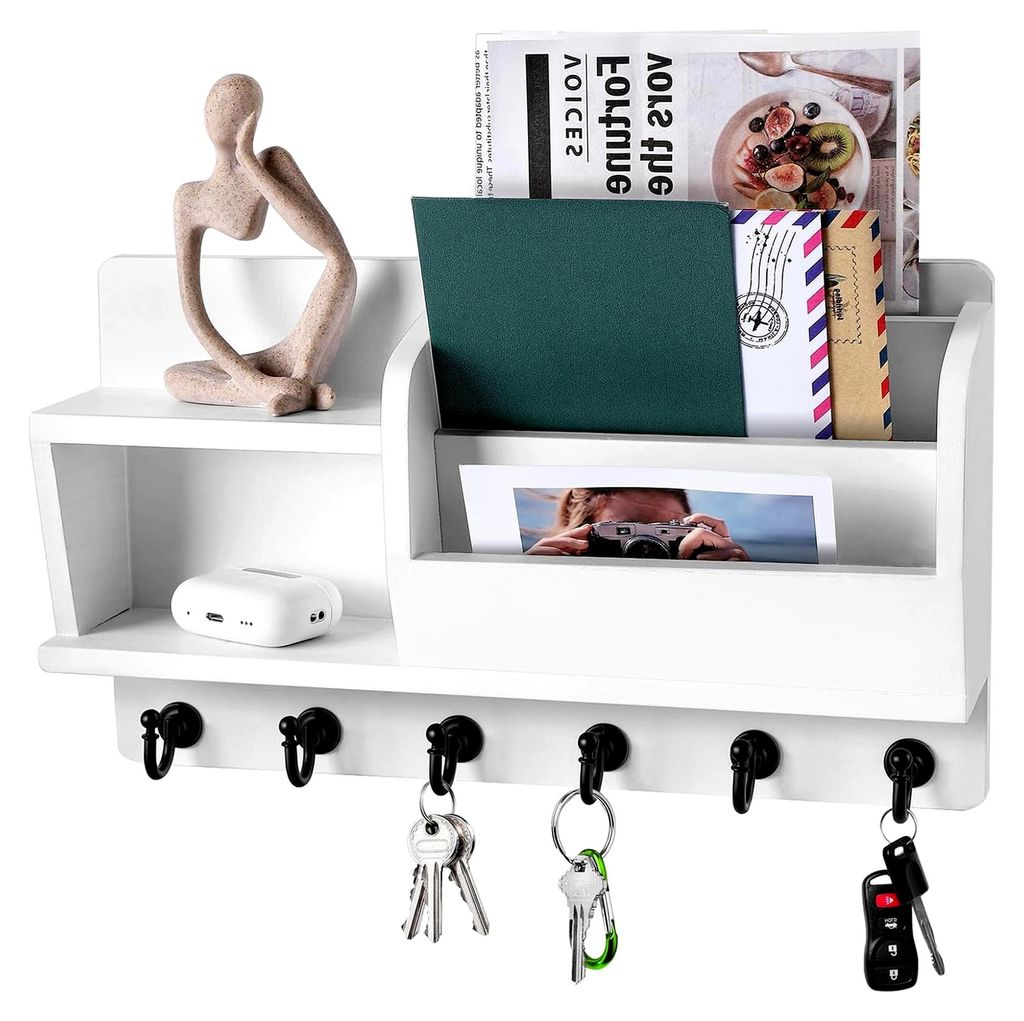 Schlüsselbrett mit Ablage und Posthalter für die Wand mit 6 Haken und Doppelregal, Holzschlüsselbrett mit 3-stufigen Sortierfächern, Schlüssel...