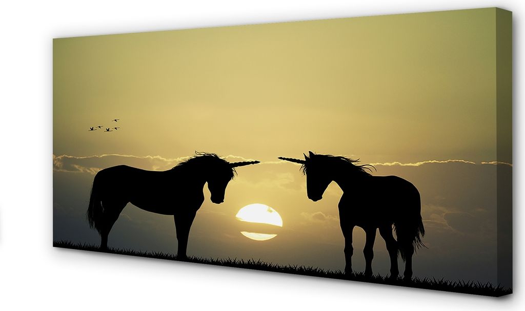 Leinwandbild 140x70 Wandkunst Feld Sonnenuntergang Einhörner