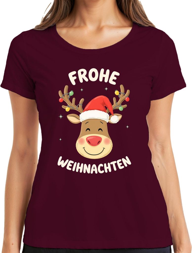 Frohe Weihnachten Rentier Weihnachtsmütze Cartoon Kinder Lustig Damen T-Shirt, Burgundy, S