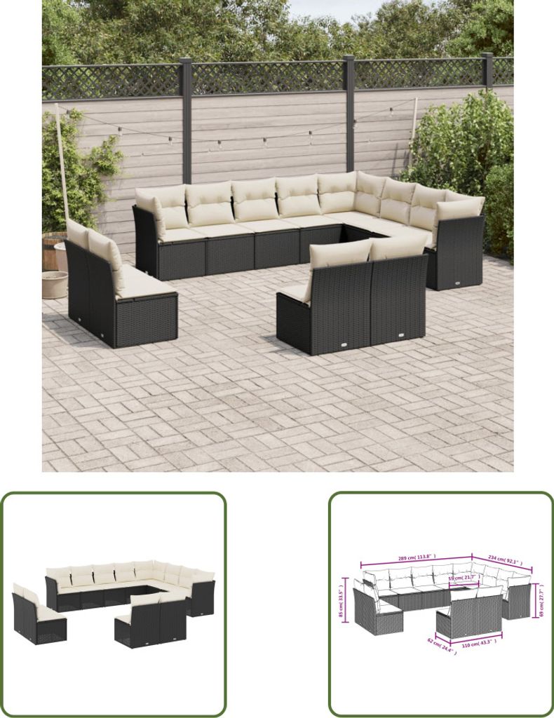 The Living Store 12-tlg. Garten-Sofagarnitur mit Kissen Schwarz Poly Rattan
