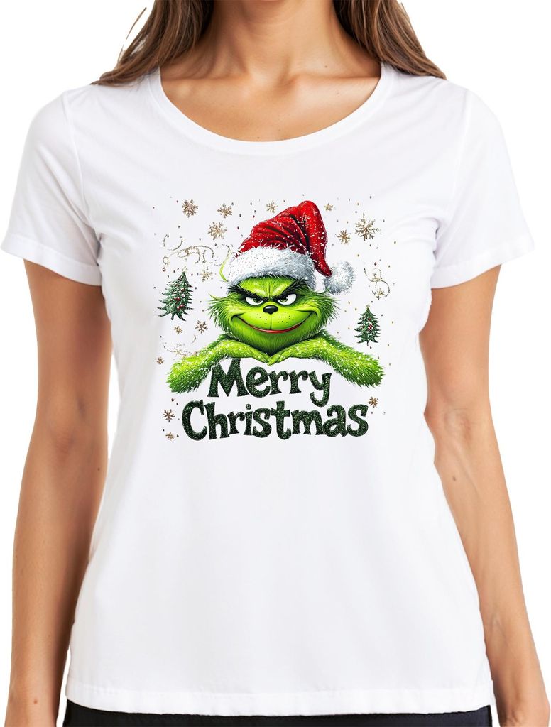 Grinch Merry Christmas Weihnachten Santa Hat Schneeflocke Geschenk Damen T-Shirt, Weiß, L