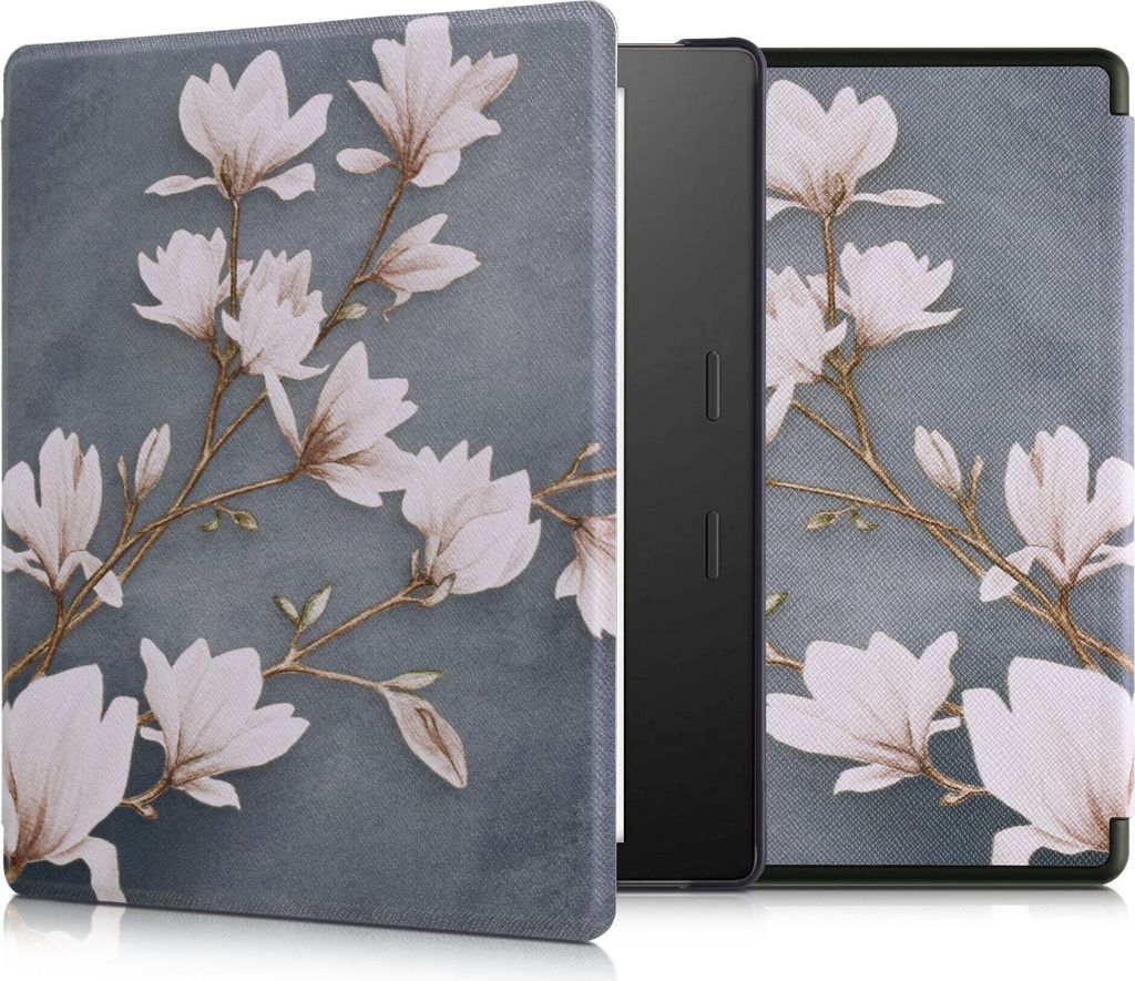 kwmobile Schutzhülle für Amazon Kindle Oasis 10. Generation Hülle - eReader Flip Case mit Auto Sleep Funktion - weiße Blumen mit Weiß Schwarz