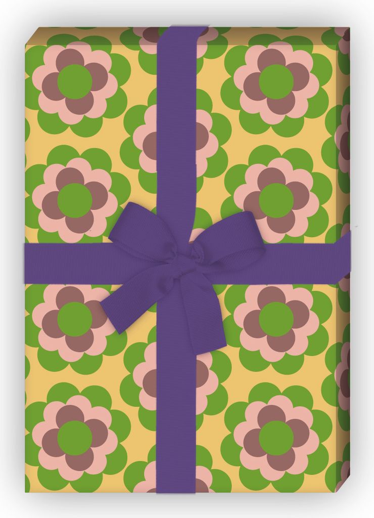 Buntes 70er Jahre Geschenkpapier mit Retro Blüten Muster in grün lila - G7225, 32 x 48cm