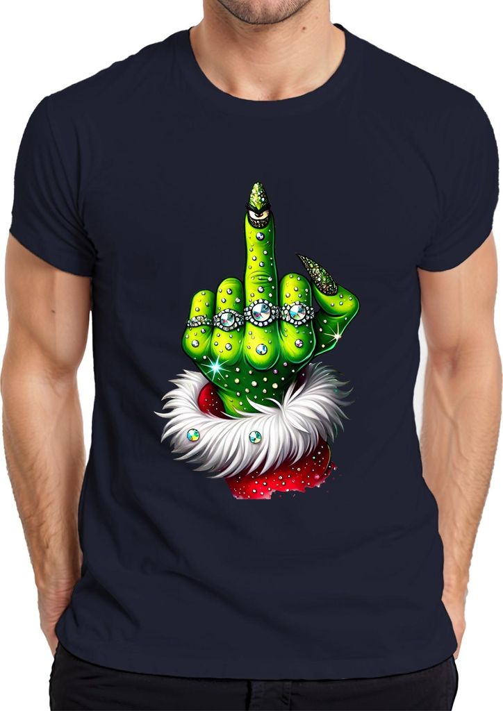 Grinch Mittelfinger Weihnachten frech Geschenk Glitzer Herren T-Shirt, Navy, S