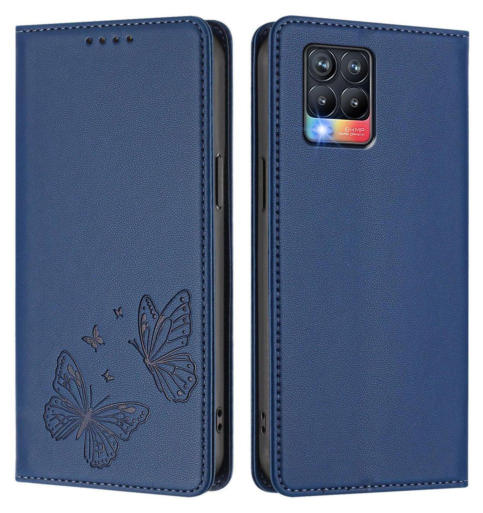 Lederhülle für Realme 8 4G/Realme 8 Pro 4G, Schmetterling Prägung Leder Brieftasche Schutzhülle mit Ständer Dunkelblau