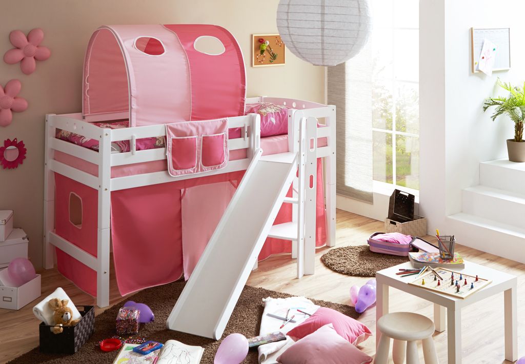 Podestbett mit Rutsche "Tino" Buche Weiß Classic (Rosa-Pink)