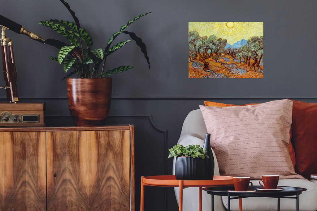 MuchoWow Poster Olivenbäume mit gelbem Himmel und Sonne - Vincent van Gogh 40x30 cm - Plakate für die Wände - Poster Wohnzimmer