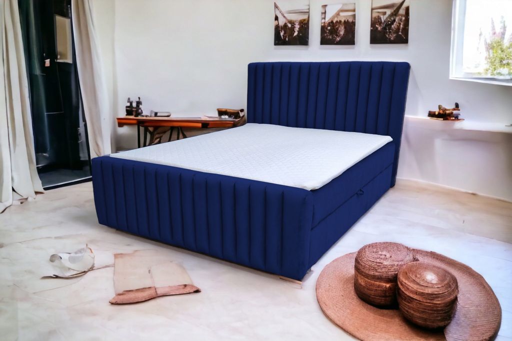 Boxspringbett MONACO II 140 cm x 200 cm AMOR VELVET 13 Blau Bett mit zwei Bettkästen und H2 Matratze,Komplett-Set mit Matratze und Topper