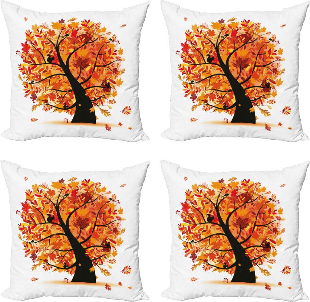 ABAKUHAUS Fallen Kissenbezug Set (4 Stück), Cartoon-Baum-Blätter, Moderner Doppelseitiger Digitaldruck, 40 cm x 40 cm, Gelb Orange Schwarz