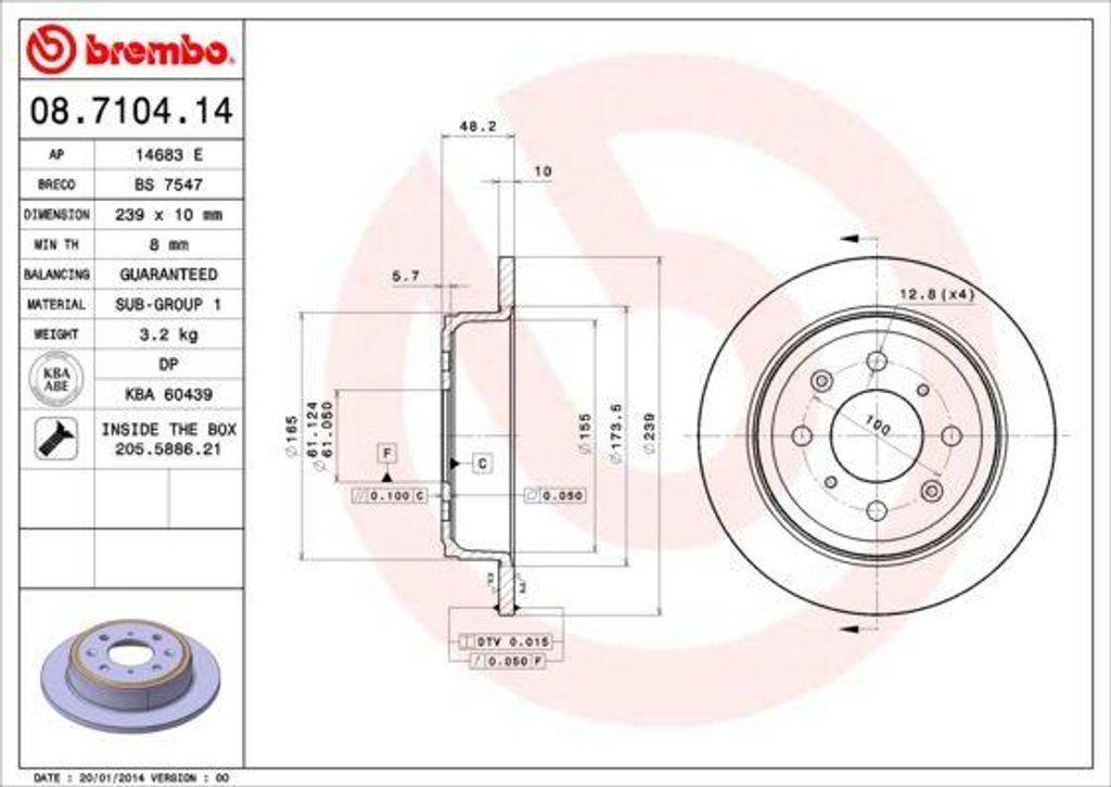 BREMBO 08.7104.14 Bremsscheibe OE 42510SH3G00 kompatibel mit Civic