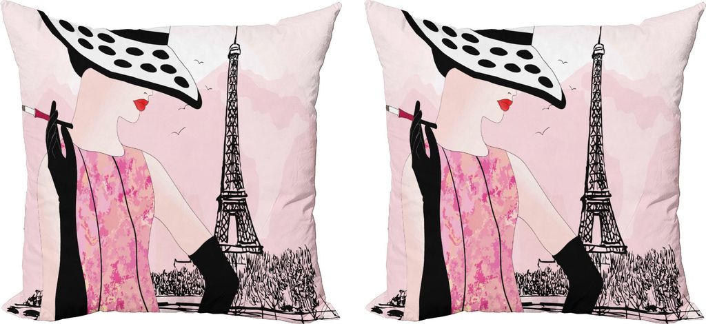ABAKUHAUS Teen Zimmer Kissenbezug Set (2Stück), Sexy Frau mit dem Hut, der vor Eiffelturm im schäbigen rosa Design raucht, 45 x 45 cm, Pale Pink ...