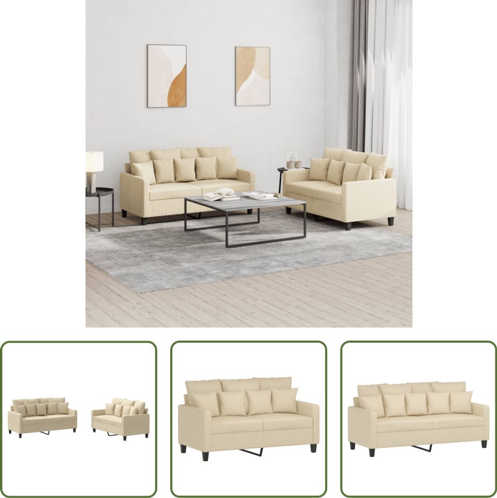 The Living Store 2-tlg. Sofagarnitur mit Kissen Creme Stoff