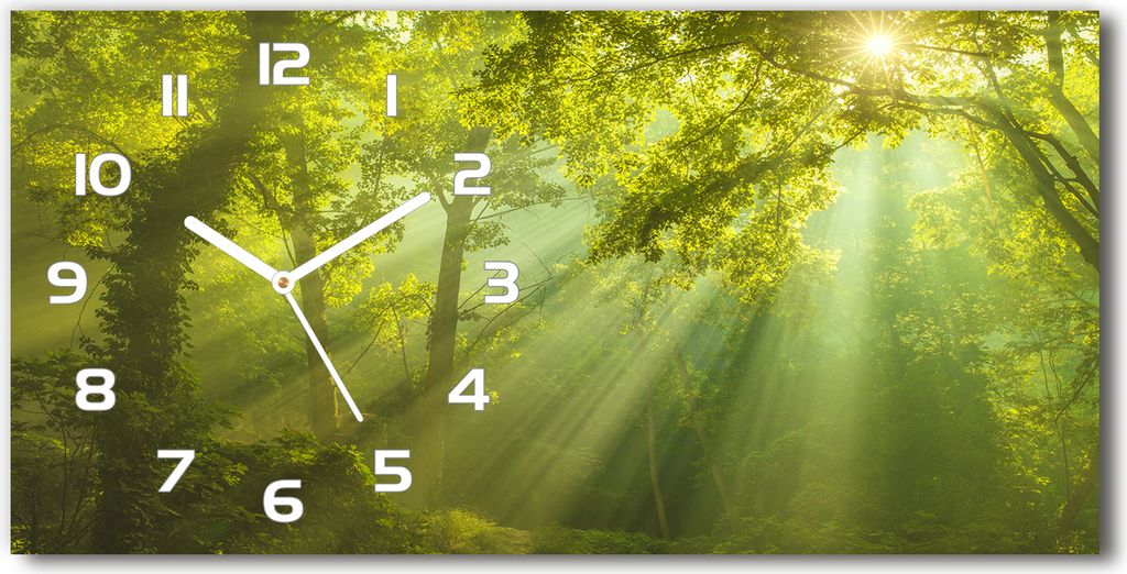 Wanduhr aus Glas – 60x30 cm - Glasbild - Glasuhr - Gehärtetes Glas - weisse-zeiger - Wald in der Sonne