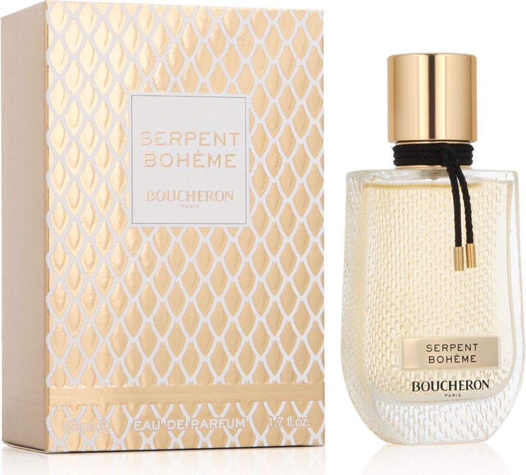 A perfume bottle and its packaging are displayed side-by-side against a white background.