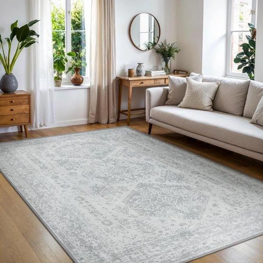 Tapis de salle à manger lavable gris 160x230 cm style bohème chic