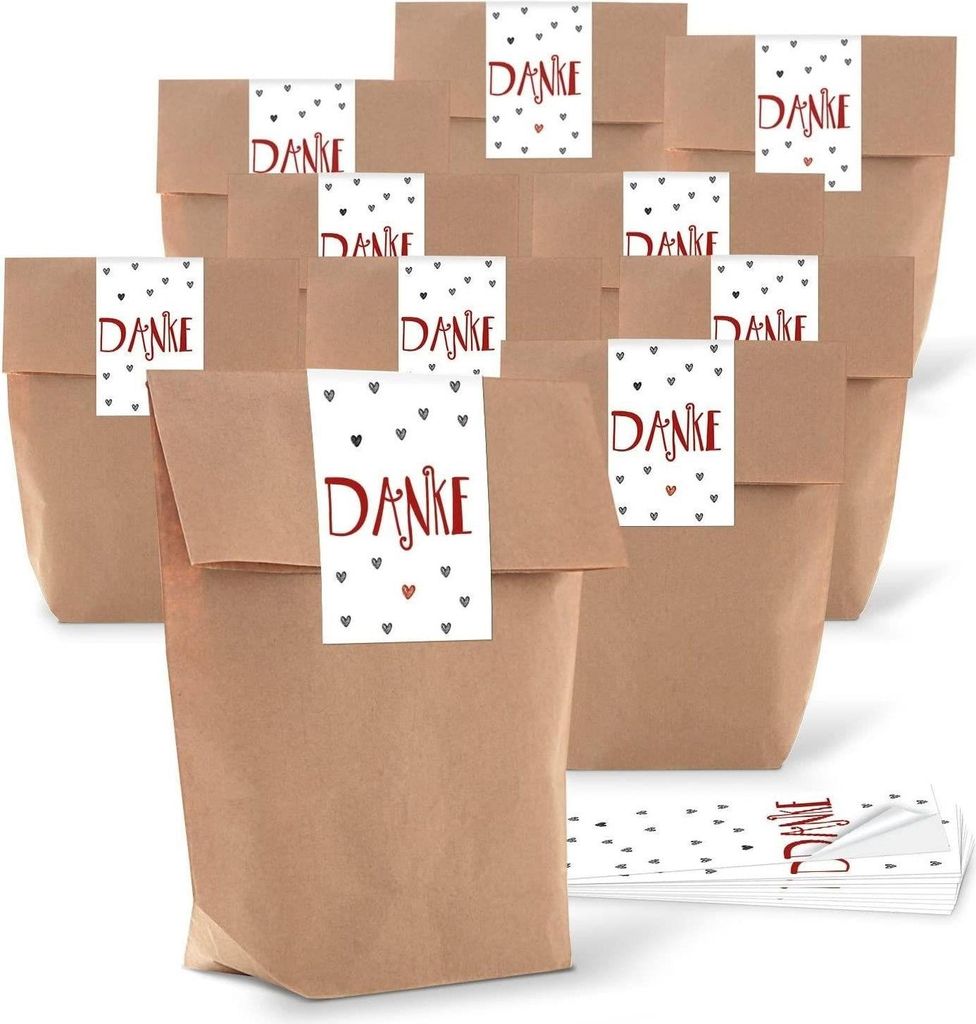 Rot weiße Danke Aufkleber + braune Geschenktüten mit Boden - für Taufe Hochzeit10 Stück