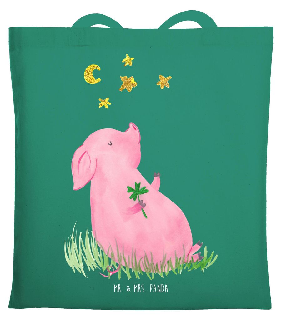 Mr. & Mrs. Panda Tote Bag Schwein Glück - Mint - Geschenk, Sterne, Motivation, Ziele, Glücksbringer, Einkaufstasche, Träume, Jutebeutel, Tasche,...