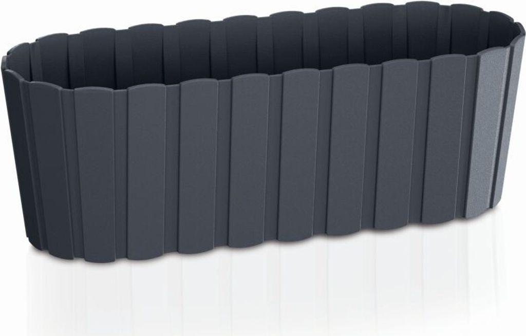 A dark gray rectangular planter box with a ribbed texture, shown from a slightly elevated side angle against a white background.