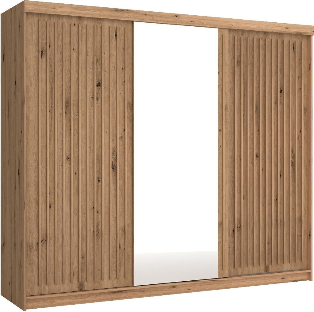Kleiderschrank ROYAL 250 cm Schrank mit Spiegiel Lamellen Schwebetürenschrank 3-türig Kleiderstange Wotan + Wotan Lamellen