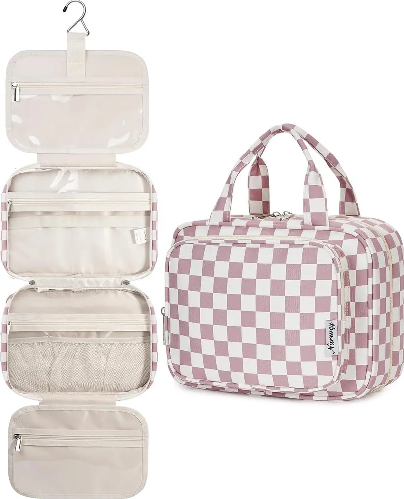 Trousse de Toilette Femme Grand Format avec Crochet et Motif Carreaux