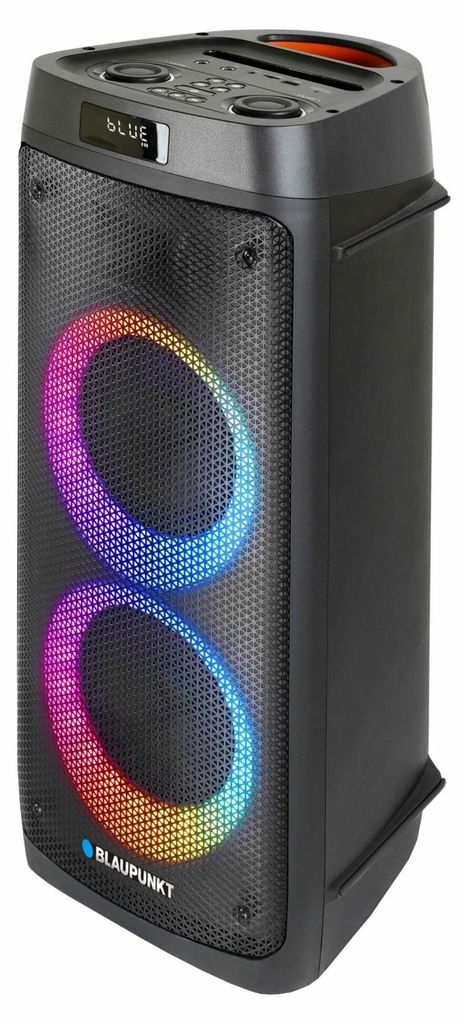 A black Blaupunkt portable speaker with colorful LED lights.