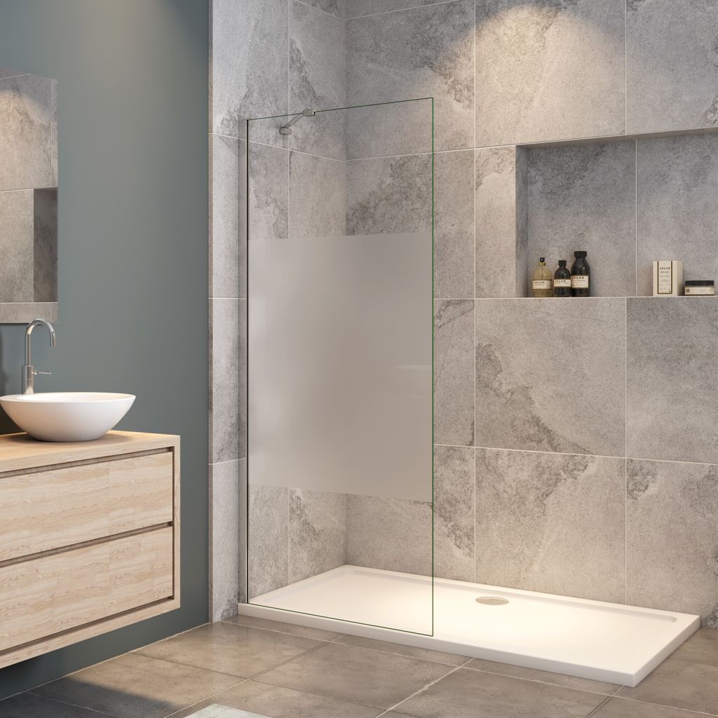 90x200cm Duschabtrennung Walk In 8mm Nano ESG Milchglasstreifen Duschabtrennung + 45cm Stabilisator