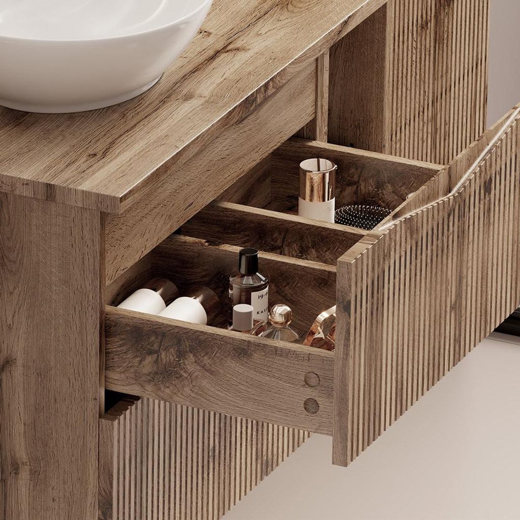Badezimmer Doppelwaschtischunterschrank mit 140 cm Breite in Eiche mit gerillter Front, 4 Schubladen & 2 Fächer - CALURI-140