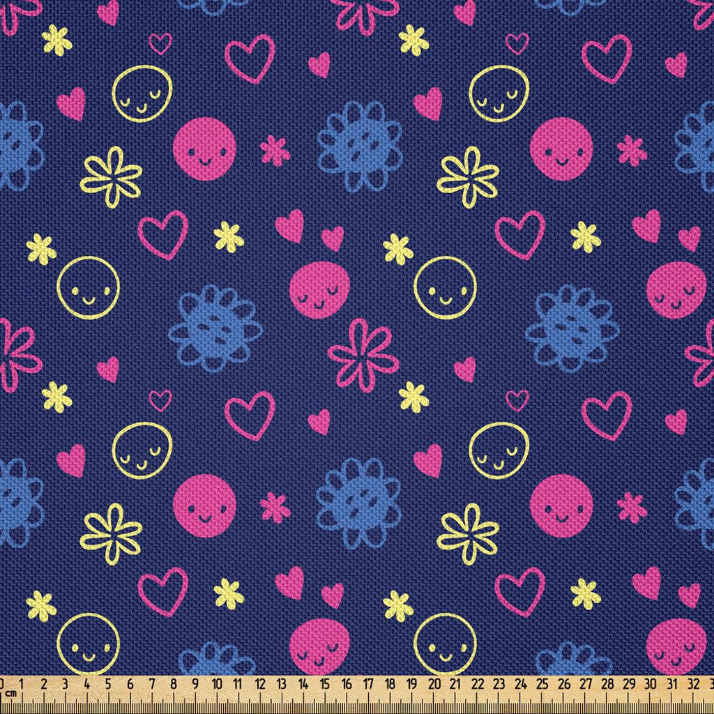 ABAKUHAUS Kindergarten Satin Stoff als Meterware, Baby-Muster mit Smileys Blumen und Herzen Fröhliche Kindheit Thema, 10 M (148 x 1000 cm), Dunkel...