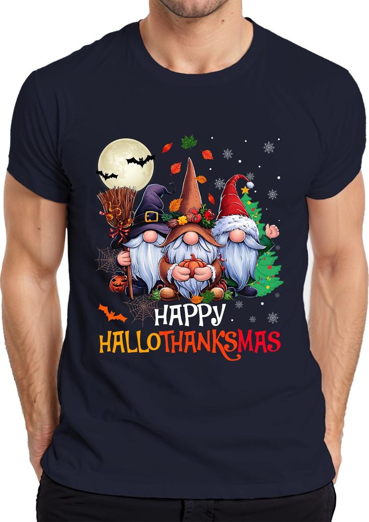 Happy Hallothanksmas Gnom Halloween Erntedank Weihnachten Vintage Herren T-Shirt, Navy, L