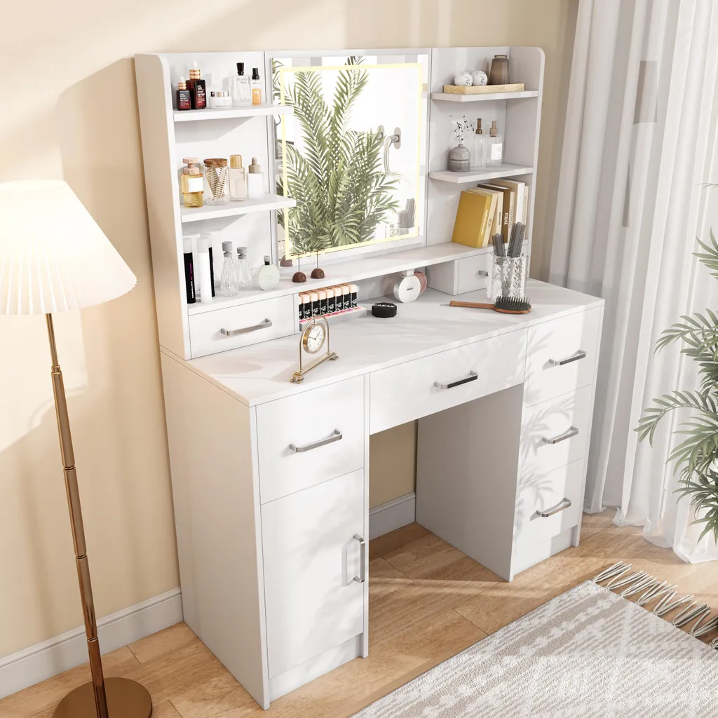 Coiffeuse Blanche pour Chambre avec Prises Intégrées et Miroir LED 3 Tons - 3