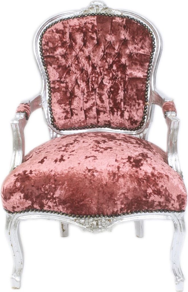 Casa Padrino Barock Salon Stuhl Bordeaux Velour Stoff / Silber - Antik Design Möbel