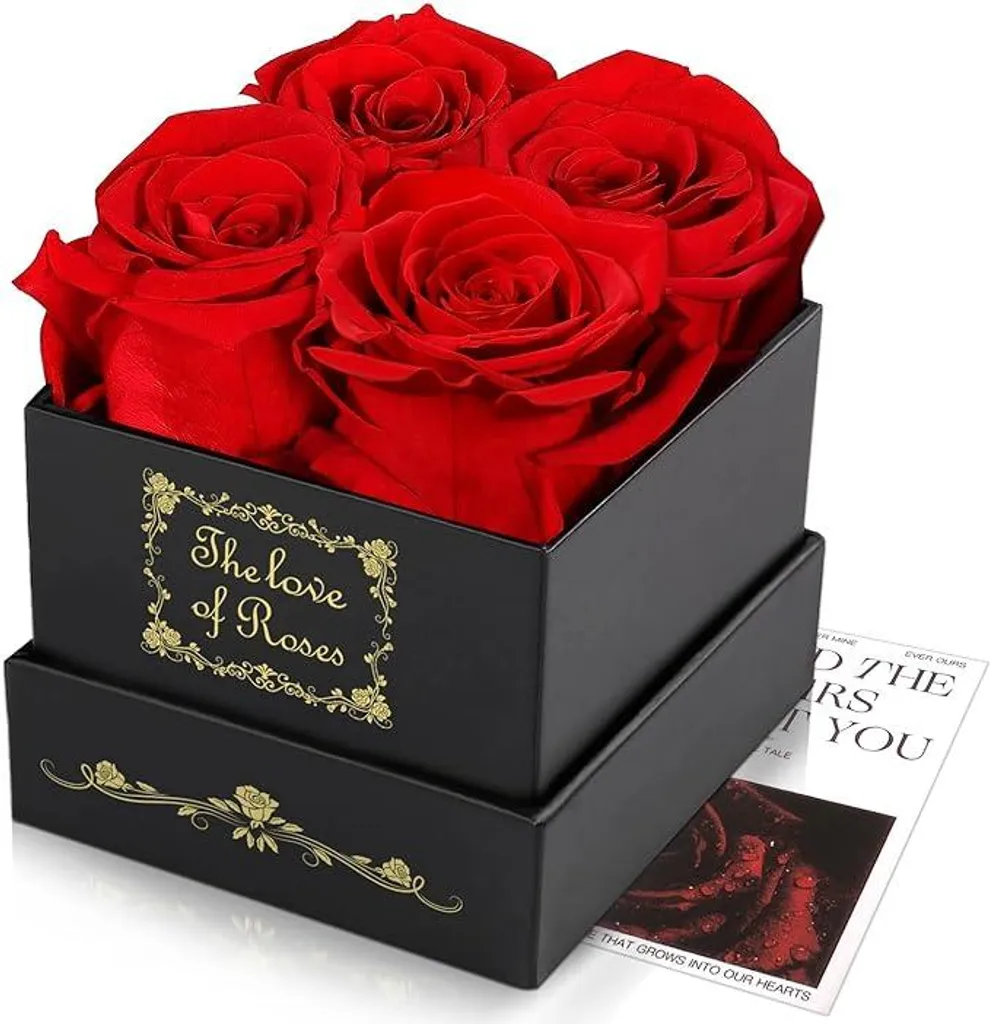 Roses éternelles stabilisées en boîte carrée : décoration florale luxe