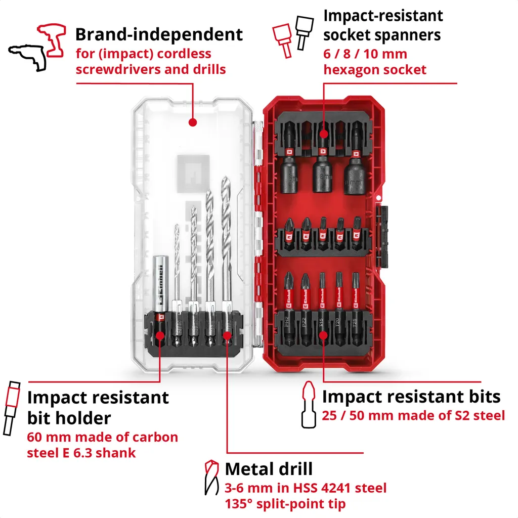 Einhell Bit Set 18 Pezzi 108709 - Kit Inserti S2 e Punte HSS per Avvitatore - 3