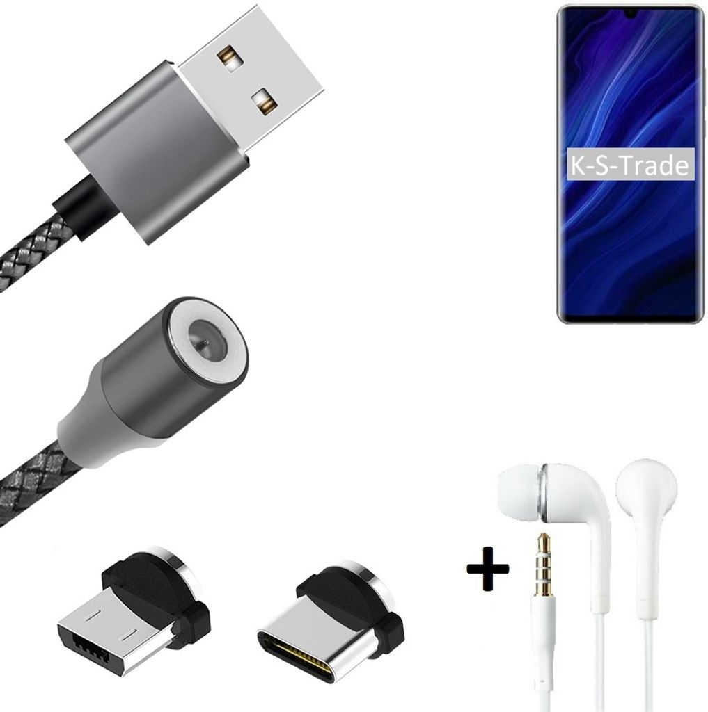 K-S-Trade Hochwertiges Magnet-Lade-kabel Sync-Kabel Daten-Kabel + Kopfhörer kompatibel mit Huawei P30 Pro New Edition mit USB-Typ-C-Anschluss und
