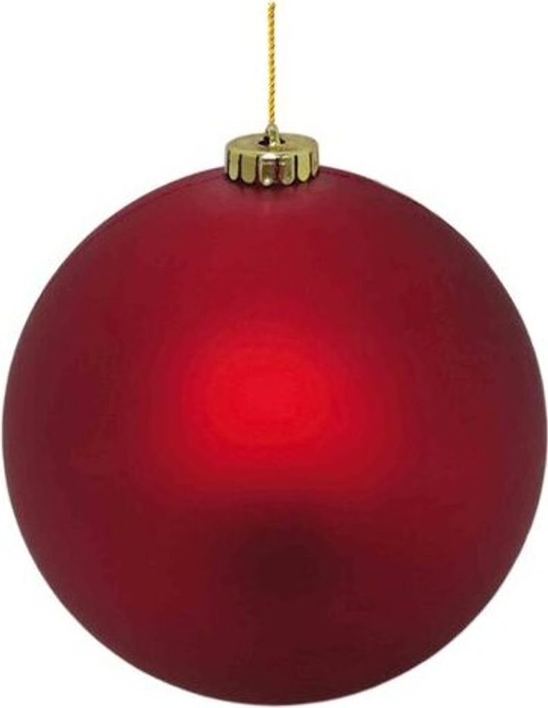 A single red Christmas ornament hangs from a gold string against a white background.