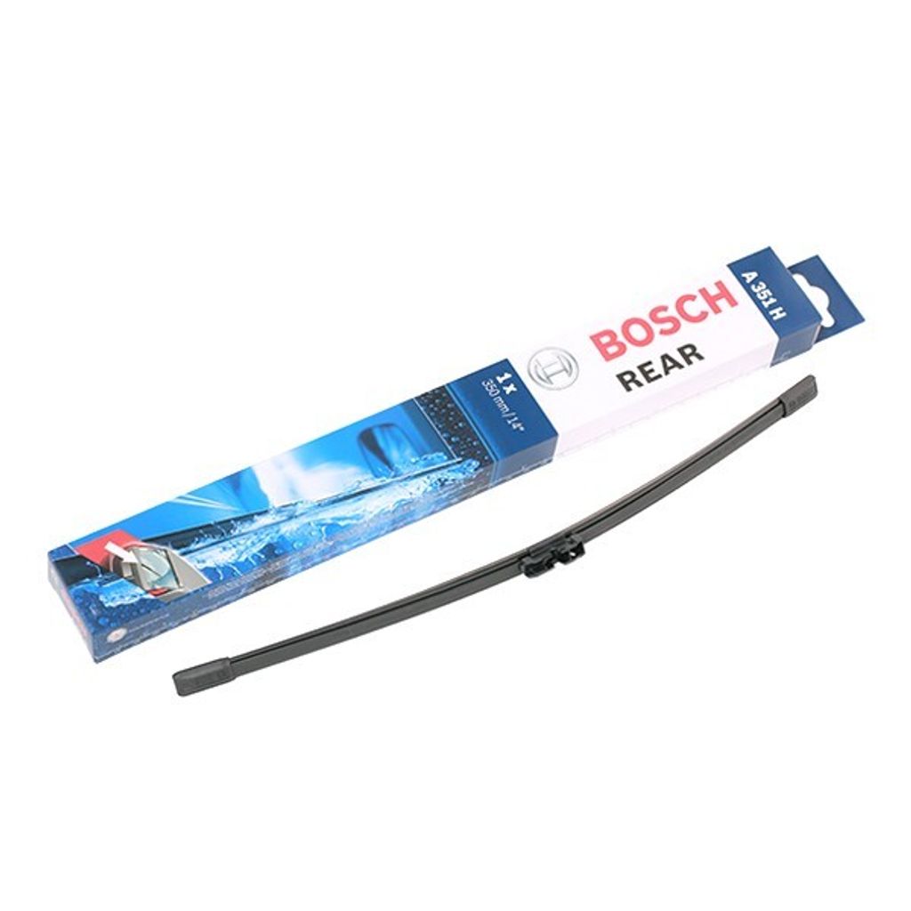A Bosch rear windshield wiper blade in its packaging, displayed on a white background.
