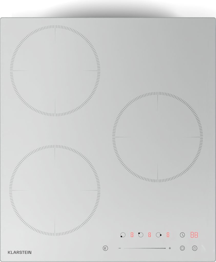 A top-down view of a white induction cooktop with three heating zones and a control panel.