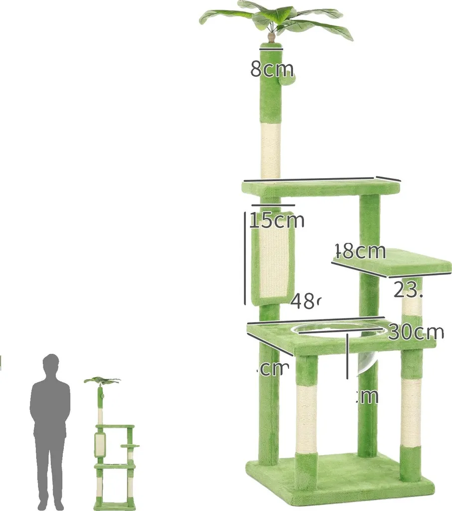 Arbre à chat vert 120cm - 4 niveaux et poteaux sisal pour griffes acérées