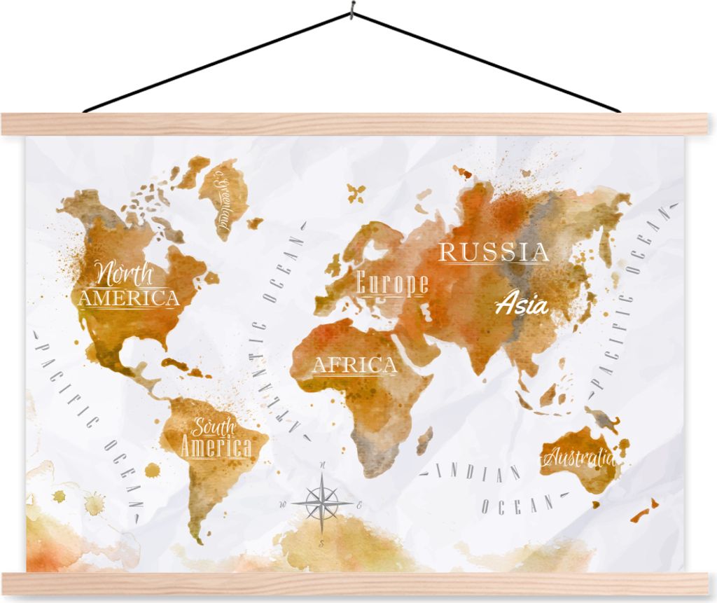 MuchoWow Textilposter Weltkarte - Braun - Farbe 60x40 cm mit holzfarbenen Rahmen - Bilder