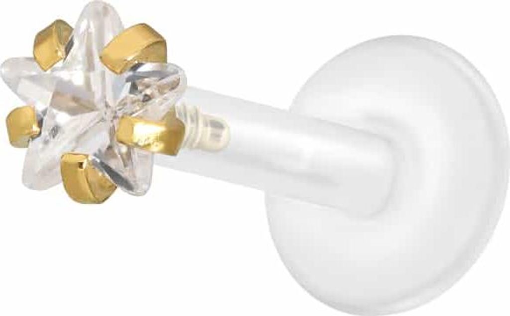 Ohrpiercing, Nasenpiercing PTFE Labret mit Innengewinde + Titan-Aufsatz EINGEFASSTER KRISTALLSTERN Gold Stablänge: 7mm | Stabstärke: 1,2mm