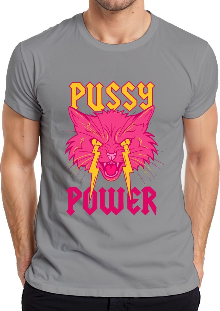 Pussy Power Frauenpower Katze Blitz Neon Punk Retro Feminismus Herren T-Shirt, Grau, M