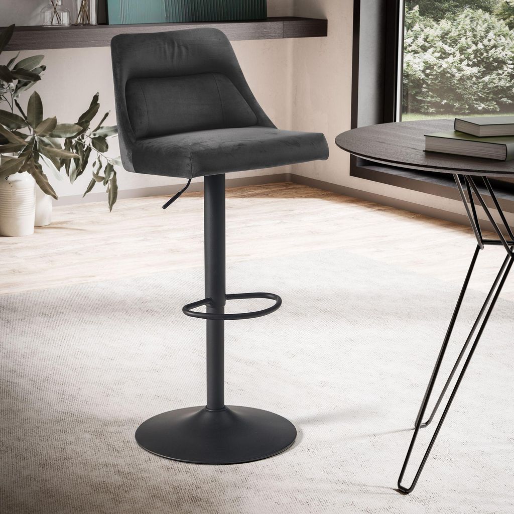 WOHNLING Barhocker Samt Grau Hocker mit Lehne 86 106 cm Küchenhocker Höhenverstellbar Modern 100 kg Barstuhl Tresenhocker mit Metall-Trompetenfuß
