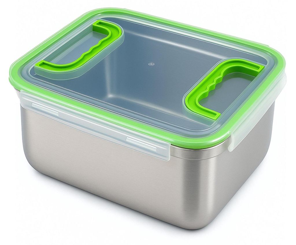 A stainless steel food storage container with a clear lid and green handles, shown from a diagonal angle on a white background.